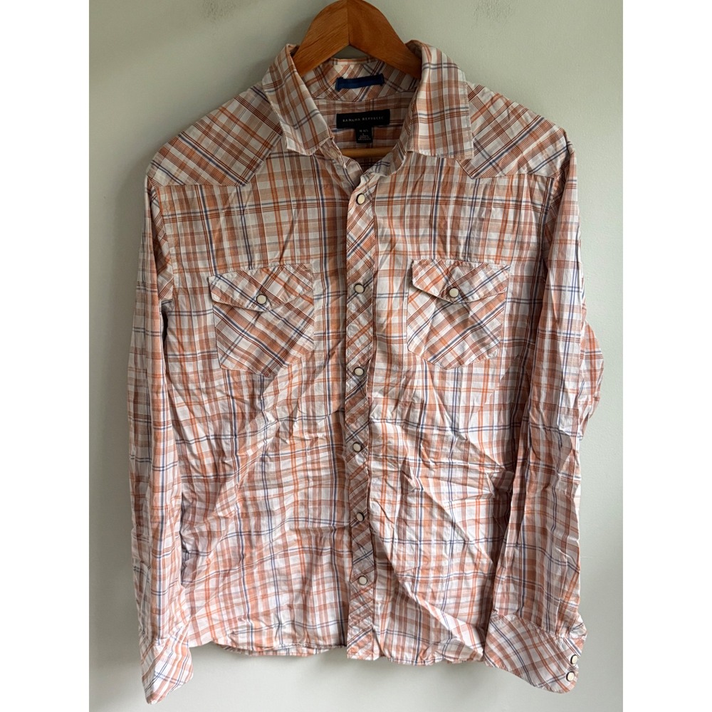 Banana Republic Mens Large‎ Orange Blue Plaid Western Pearl Snap Button Down